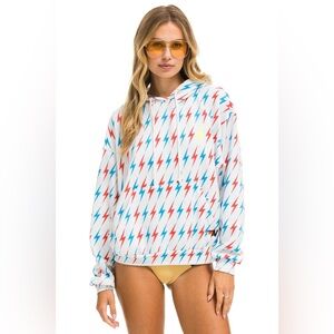 Aviator Nation White Hoodie with Blue and Red Lightning Bolts Size Small